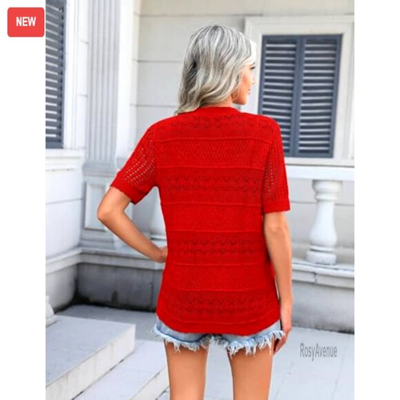 Crochet Cardigan Shrug V-Neck Cropped Lightweight Summer Boho Chic Button Up - Picture 3 of 3
